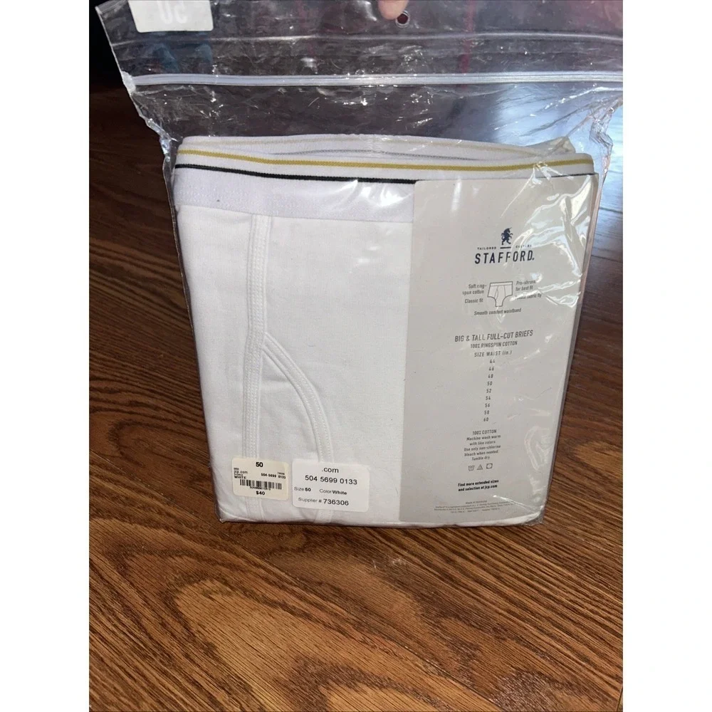 New Pack  6 Stafford Big & Tall Full‎ Cut Brief Mens Size 50 White Cotton Briefs
